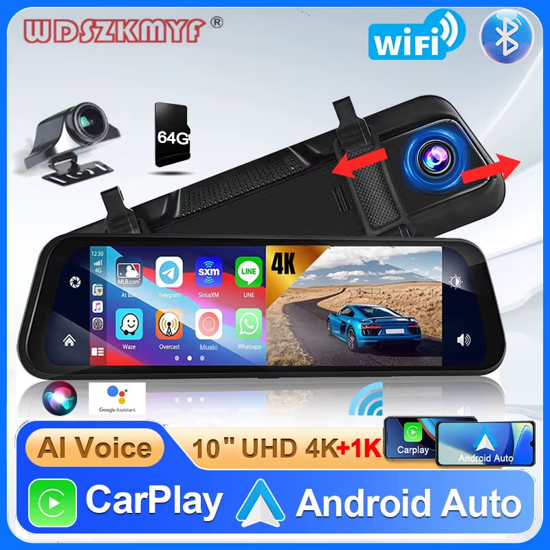 4K+1K Wireless Carplay 10” Mirror Car Video Recorder Dash Camera for Car Front and Rear Camera Car DVR Black Box Car Assecories