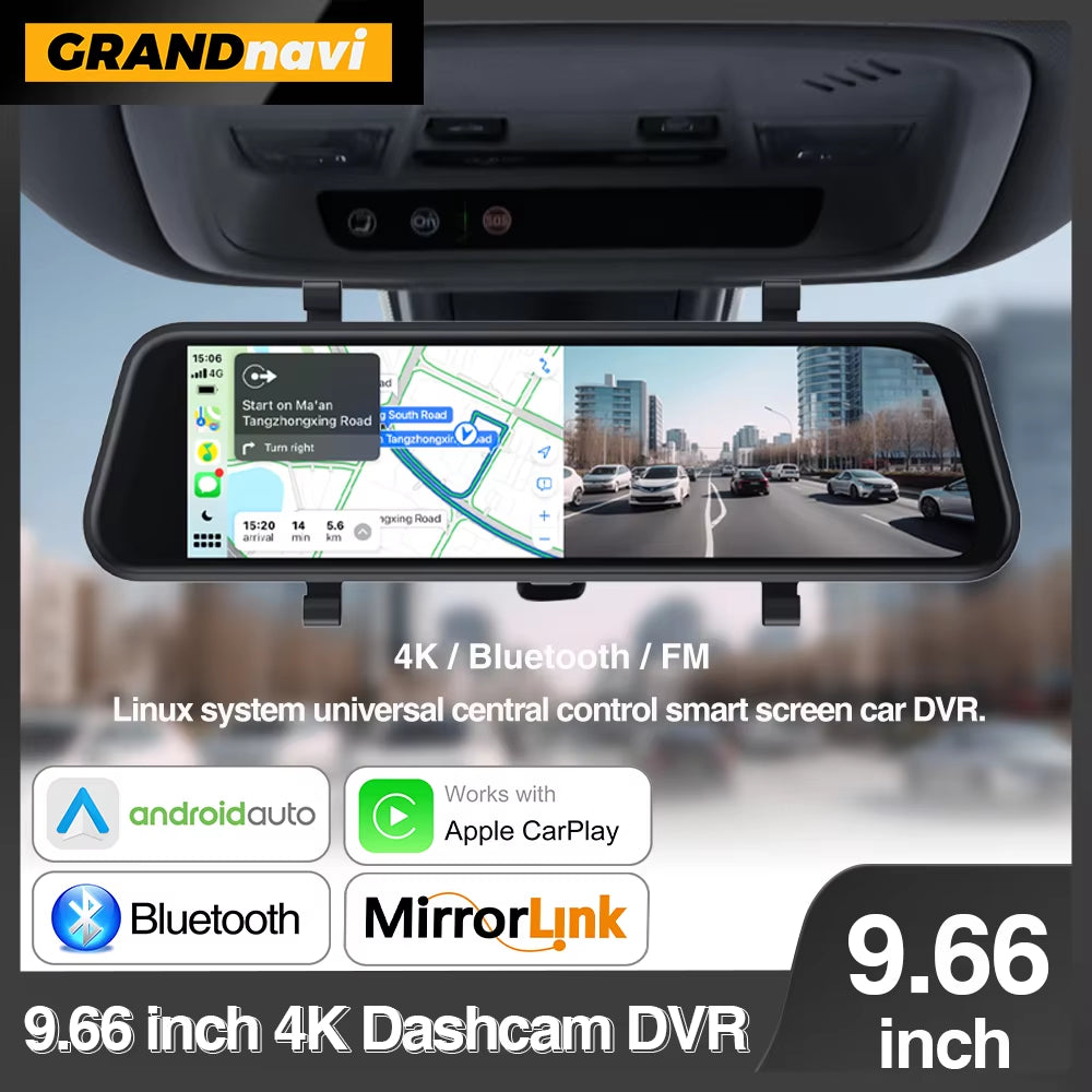 4K Car DVR Mirror Camera for Car Touch Screen Dash Cam Recorder Dual Lens Night Version Carplay Android Auto 9.66 Inch