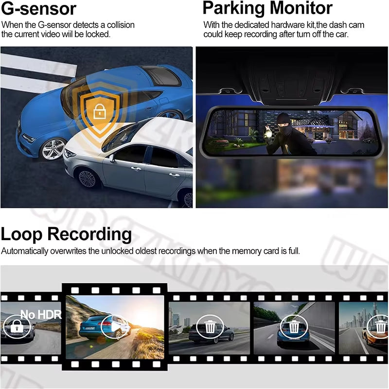 4K+1K Wireless Carplay 10” Mirror Car Video Recorder Dash Camera for Car Front and Rear Camera Car DVR Black Box Car Assecories