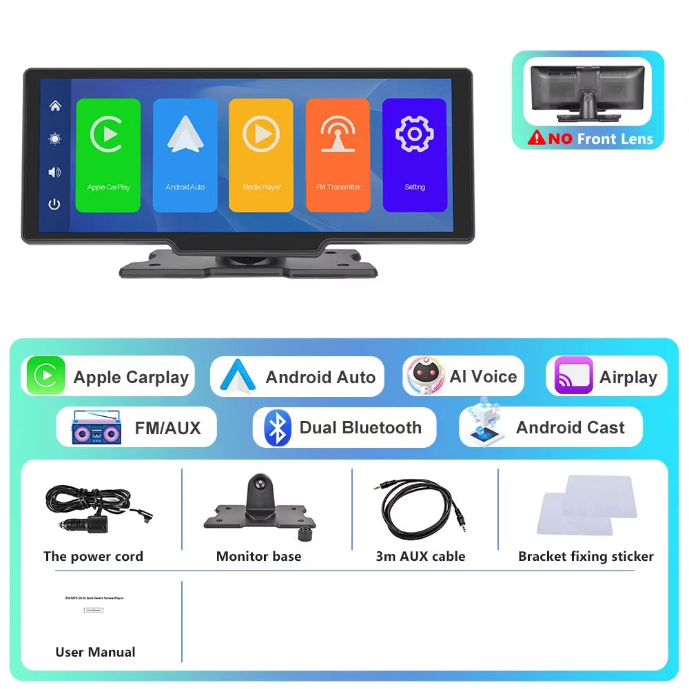 10.26" Dash Cam Rearview Camera Carplay & Android Auto Smart Player with Voice Control Car DVR BT FM Mirror Monitor