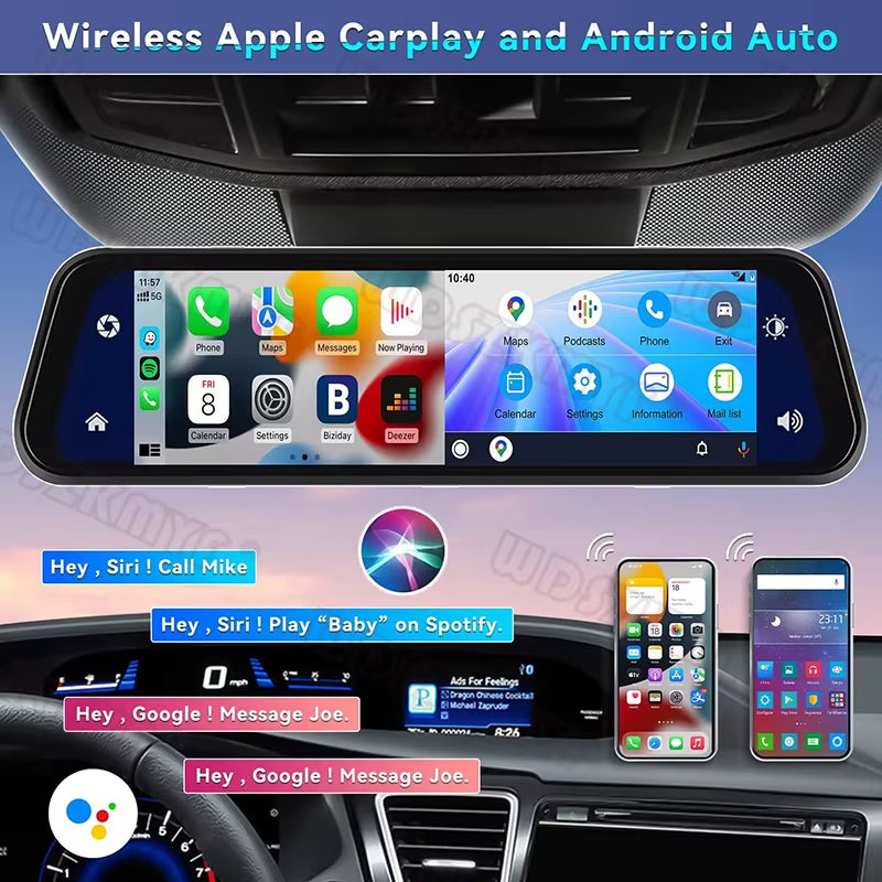4K+1K Wireless Carplay 10” Mirror Car Video Recorder Dash Camera for Car Front and Rear Camera Car DVR Black Box Car Assecories