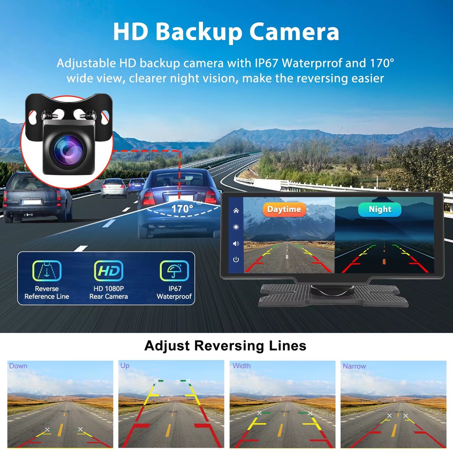 10.26" Dash Cam Rearview Camera Carplay & Android Auto Smart Player with Voice Control Car DVR BT FM Mirror Monitor