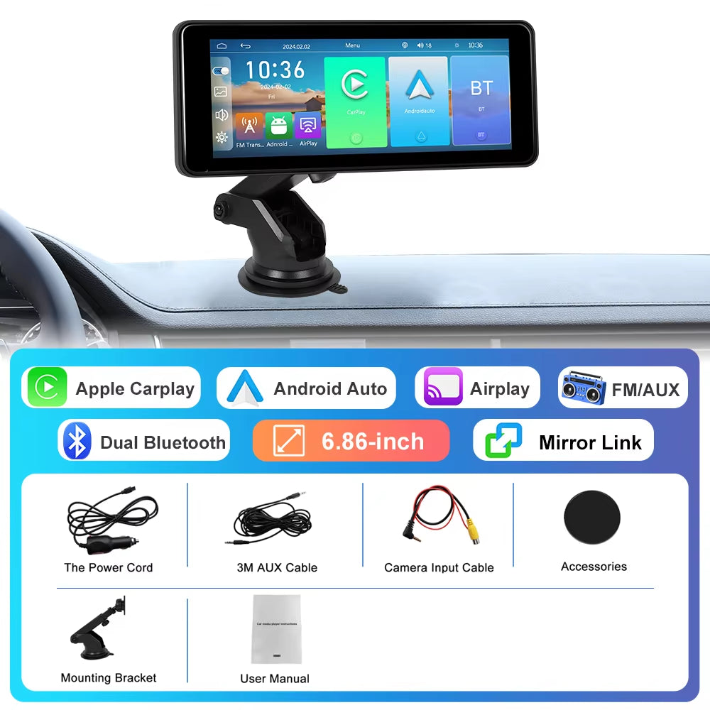10.26" Dash Cam Rearview Camera Carplay & Android Auto Smart Player with Voice Control Car DVR BT FM Mirror Monitor