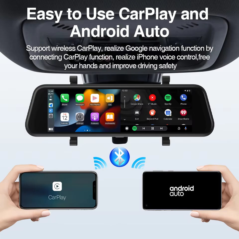 4K Car DVR Mirror Camera for Car Touch Screen Dash Cam Recorder Dual Lens Night Version Carplay Android Auto 9.66 Inch