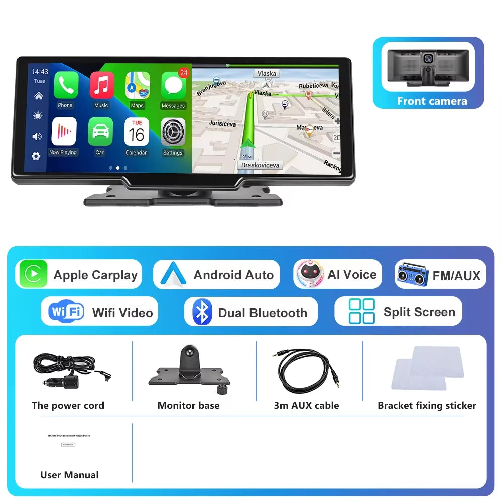 10.26" Dash Cam Rearview Camera Carplay & Android Auto Smart Player with Voice Control Car DVR BT FM Mirror Monitor