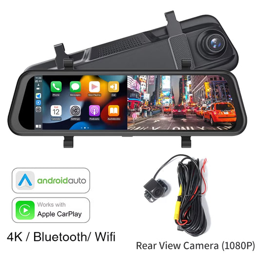 4K Car DVR Mirror Camera for Car Touch Screen Dash Cam Recorder Dual Lens Night Version Carplay Android Auto 9.66 Inch