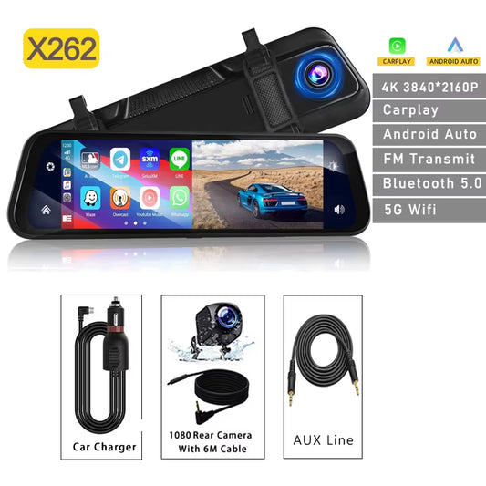 4K+1K Wireless Carplay 10” Mirror Car Video Recorder Dash Camera for Car Front and Rear Camera Car DVR Black Box Car Assecories