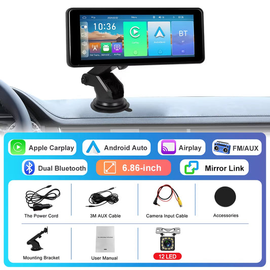 10.26" Dash Cam Rearview Camera Carplay & Android Auto Smart Player with Voice Control Car DVR BT FM Mirror Monitor